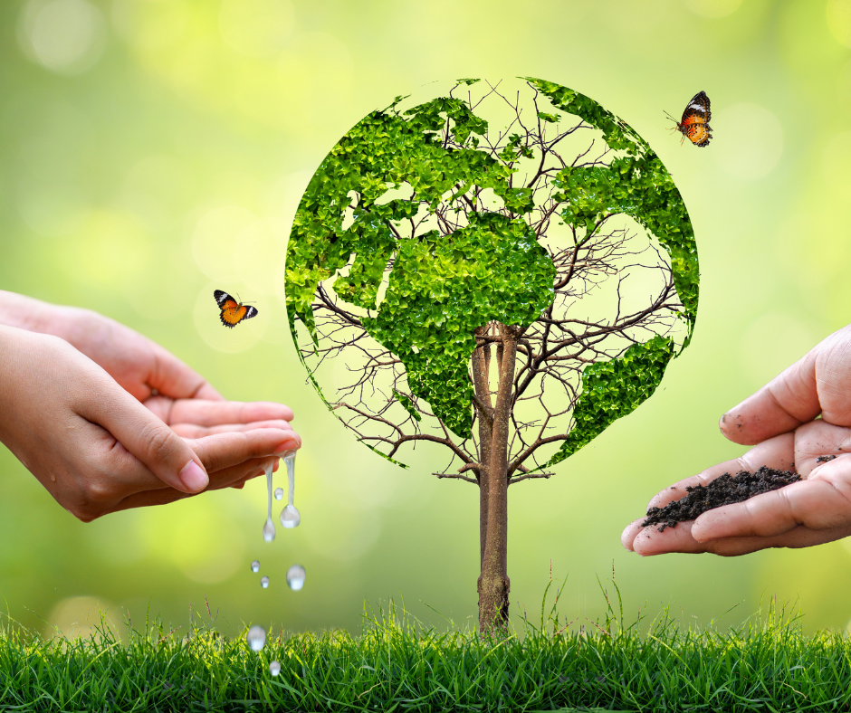 World Environment Day; two generous hands contribute soil and water to an Earth-shaped tree