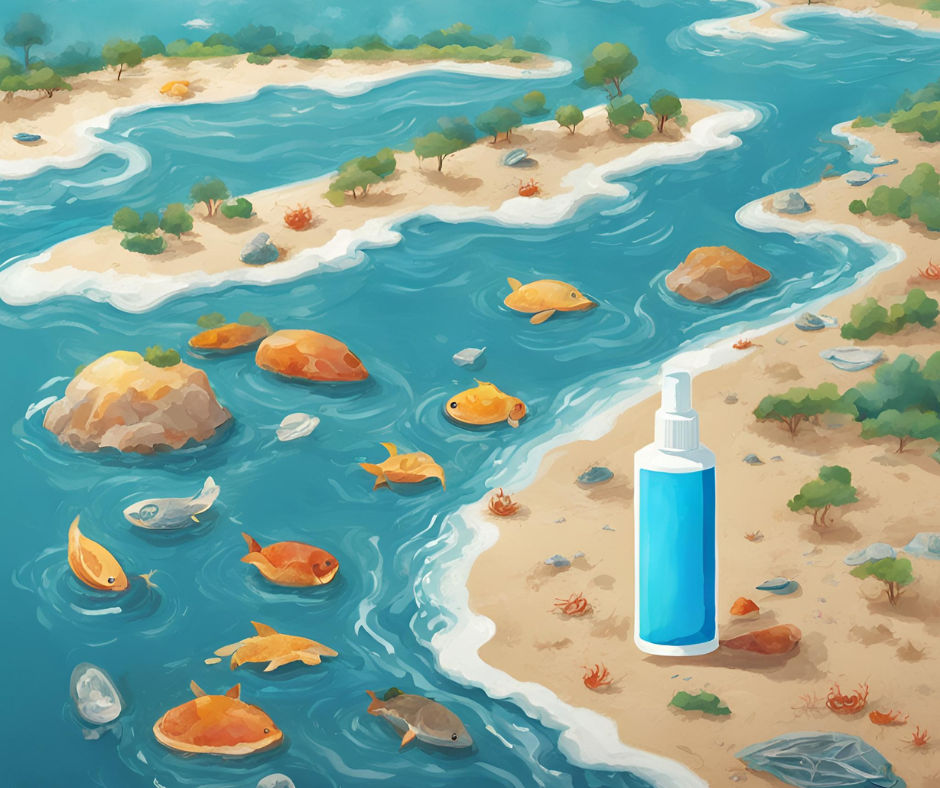 Created with AI; a waterway with fish afloat dead from sunscreen