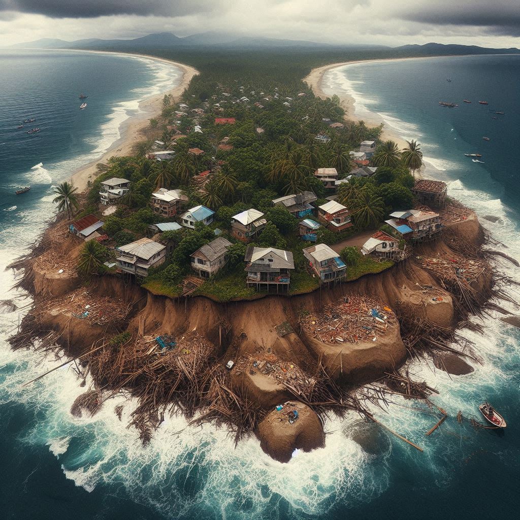 Coastal erosion, with houses very close to the coastline, and the sea breaking on the rocks