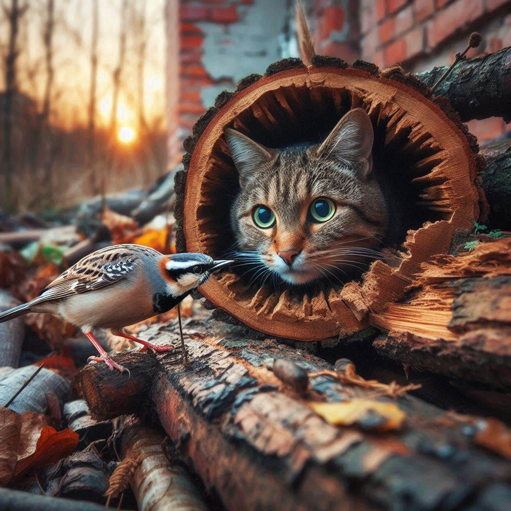 cats and wildlife meet in the forest; here a cat hiding in a tree trunk watches a small bird