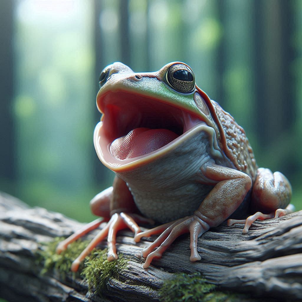 Bioacoustics, a frog communicating with the world, sitting on a branch in the forest