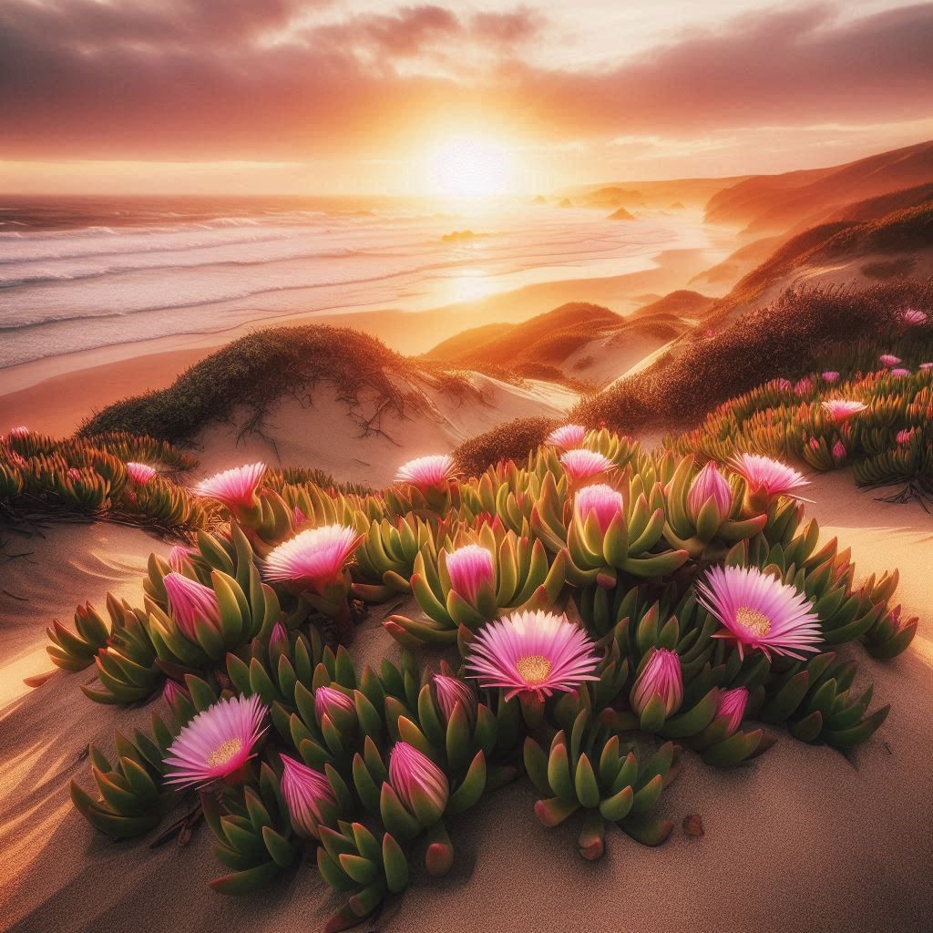 Hottentot fig in foreground on coastal dune, in bloom.