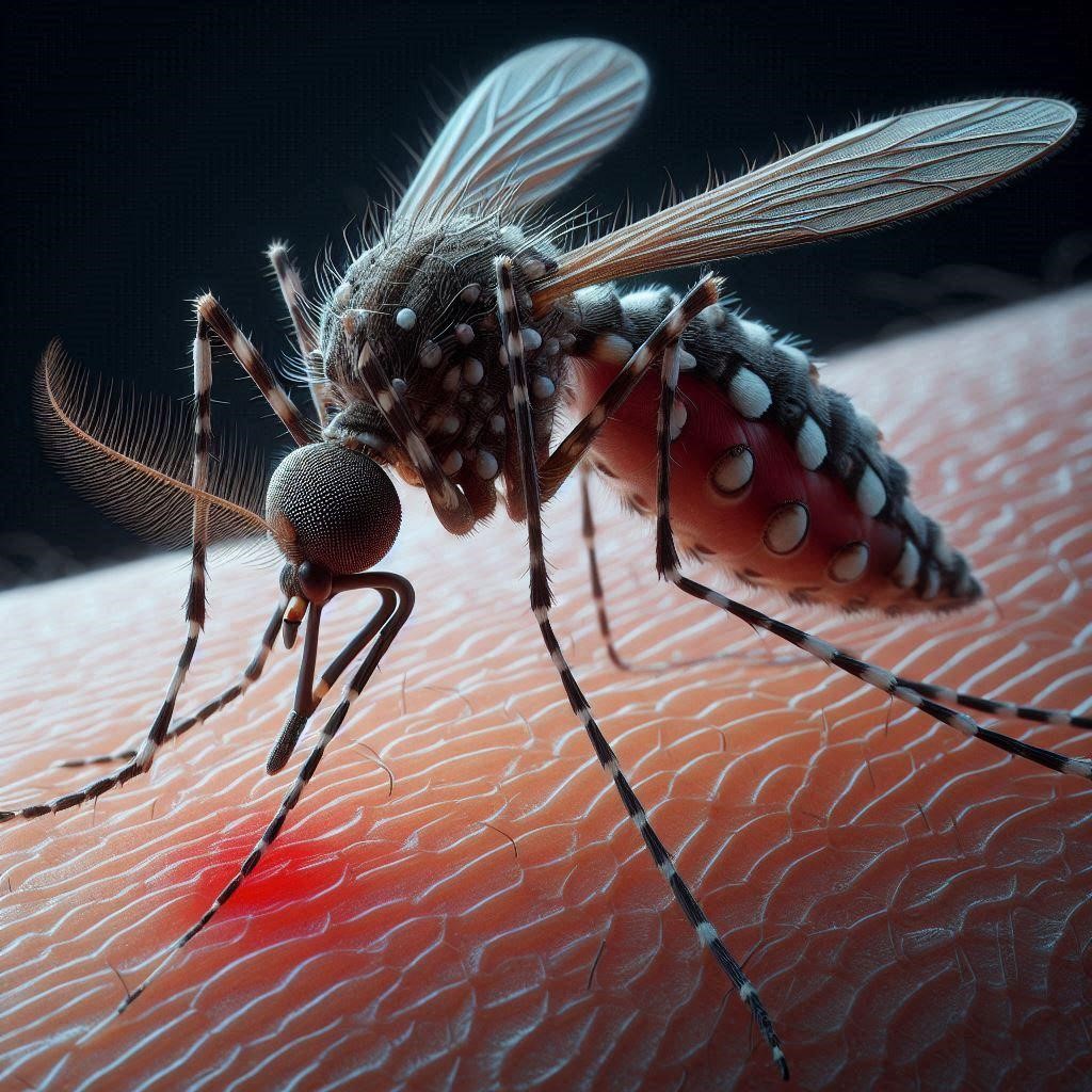 A mosquito intent on sucking blood, resting on human skin