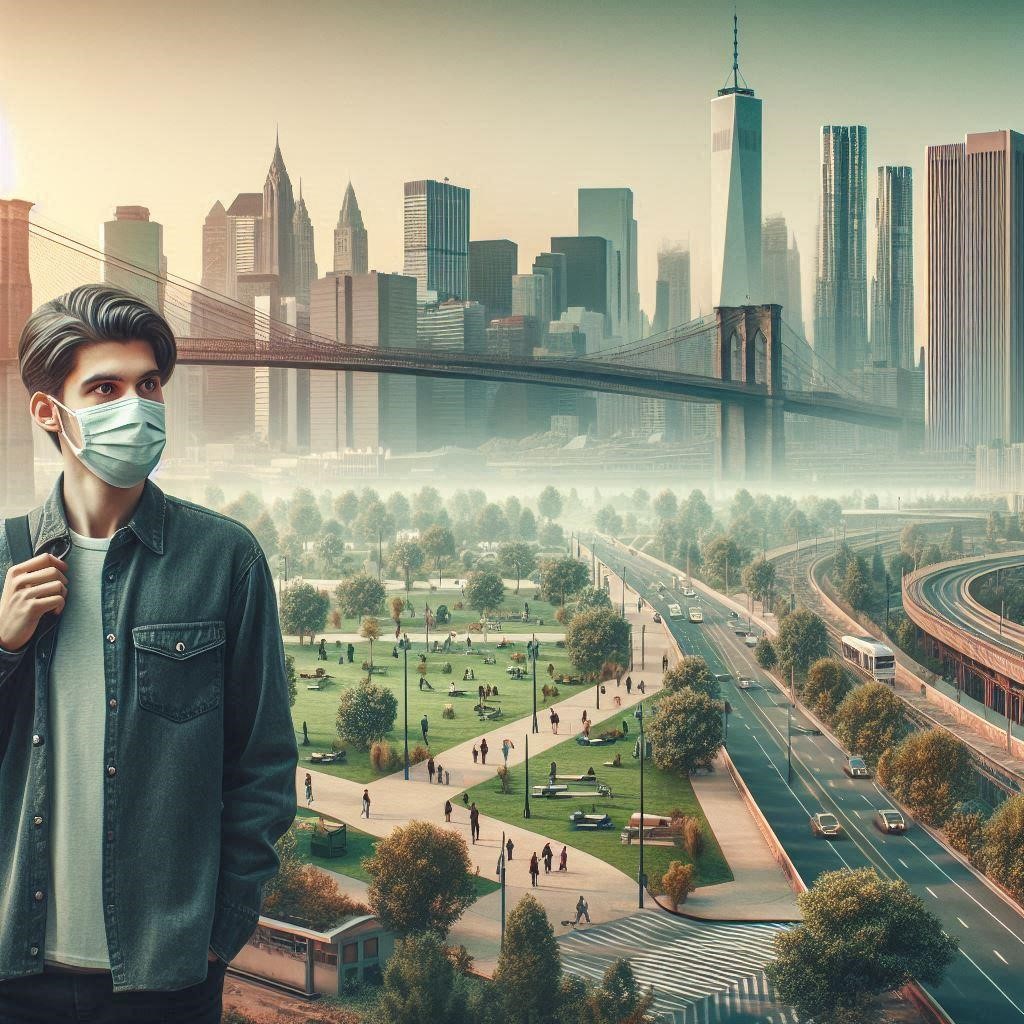 Polluted air surrounds and overhangs the city; in the foreground a boy wearing an anti-smog mask