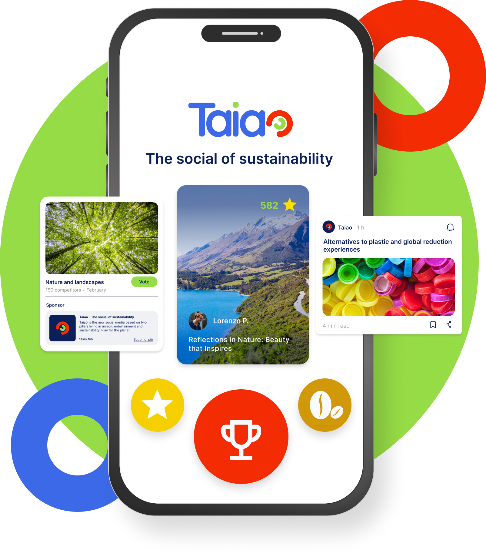 Colour mockup of the mobile application Taiao containing a smartphone, an image representing the contest and an image representing the sustainability blog.