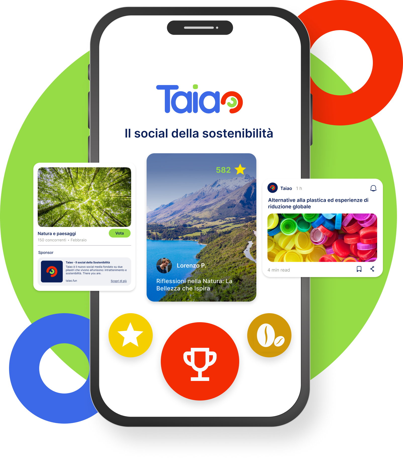 Mockup a colori dell'applicazione mobile Taiao che contiene uno smartphone, un' immagine che rappresenta il contest e un'immagine che rappresenta il blog della sostenibilità.