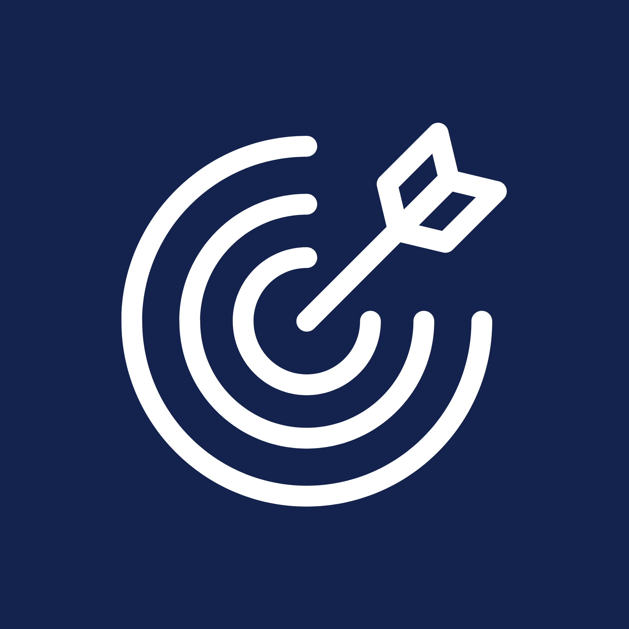 White icon with a target that has an arrow stuck in the center to symbolize the mission of the company and the tool needed to realize its vision.