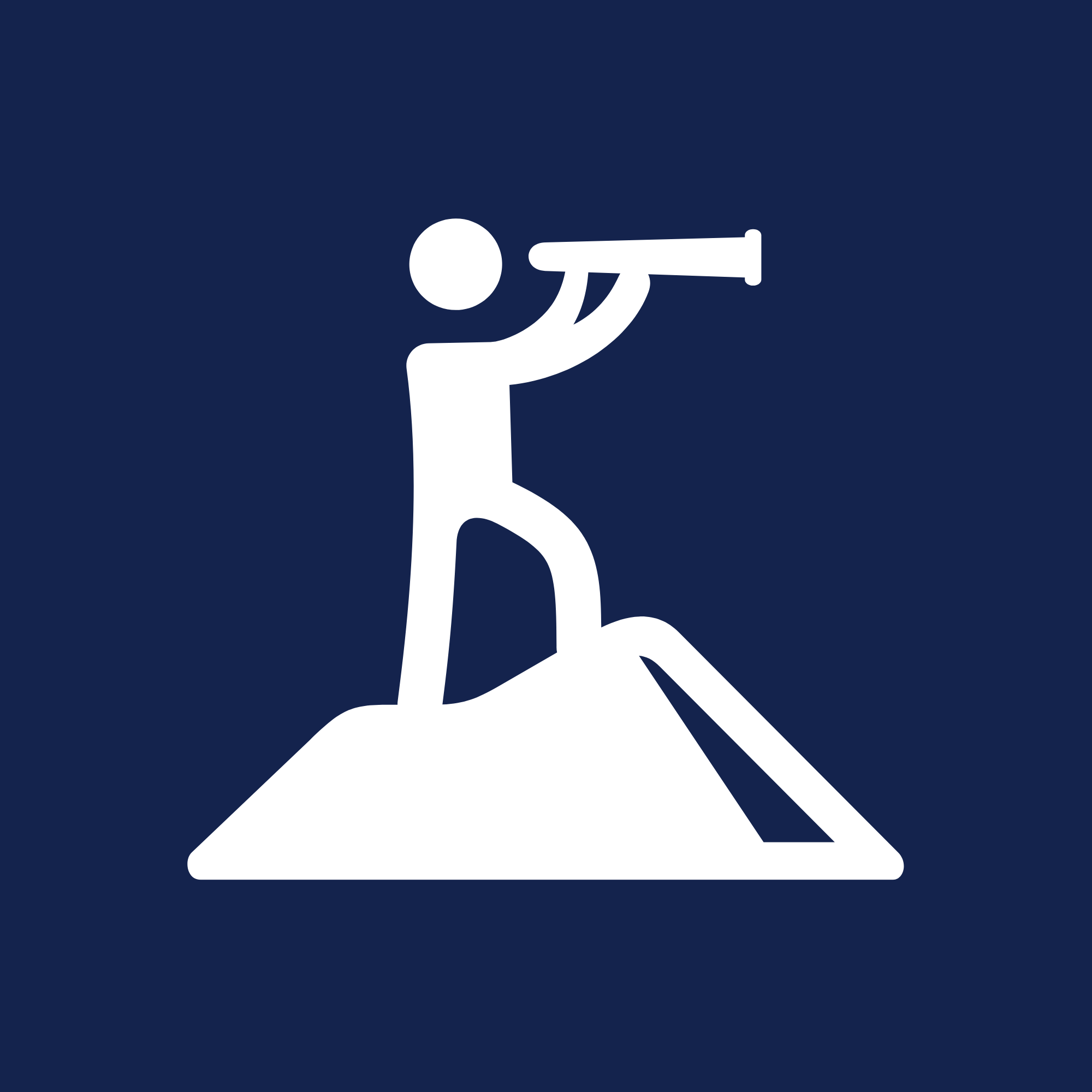 White icon with a stylized person using a telescope to see far to symbolize the vision of the long-term enterprise.