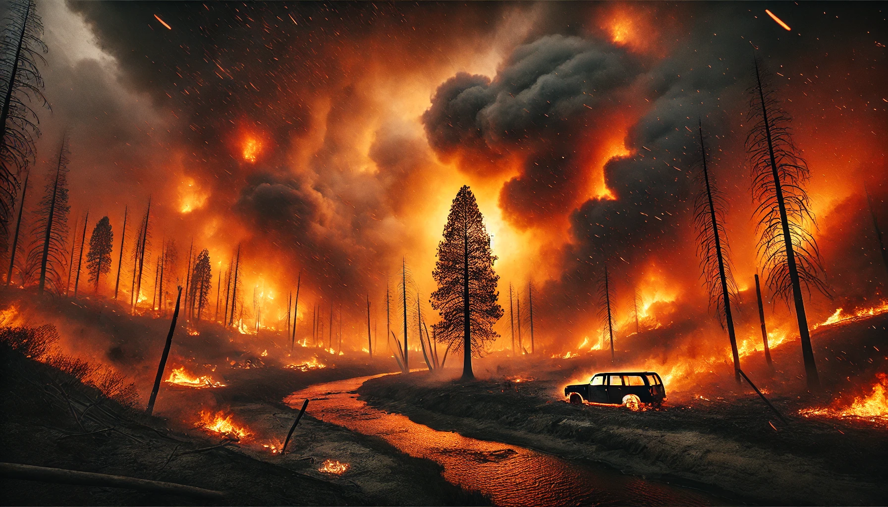 Fires in America, with flames and smoke in the trees