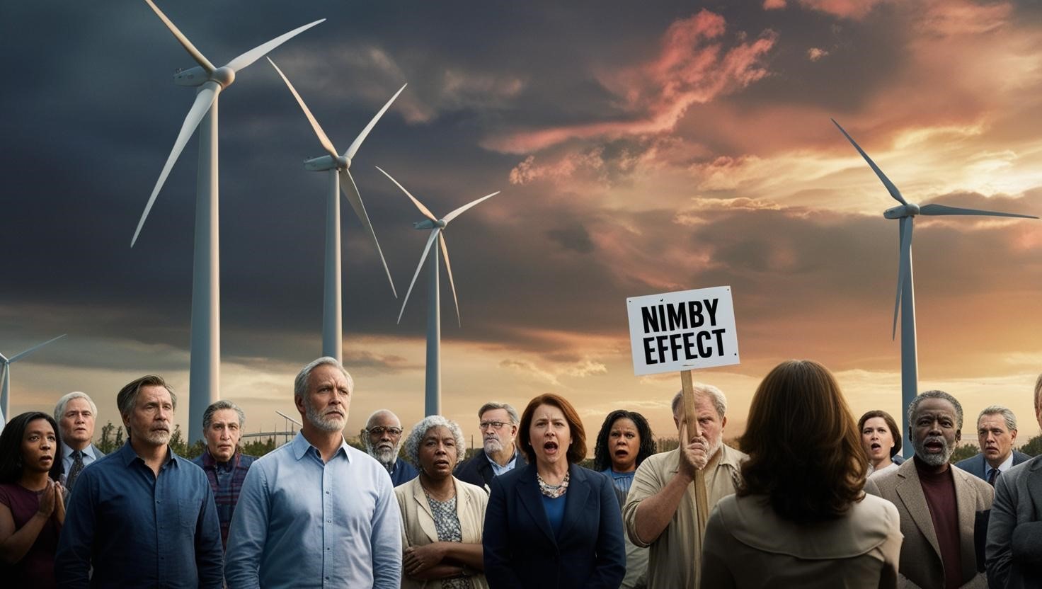 NIMBY effect, Not in my backyard; people with signs and wind farm in the background